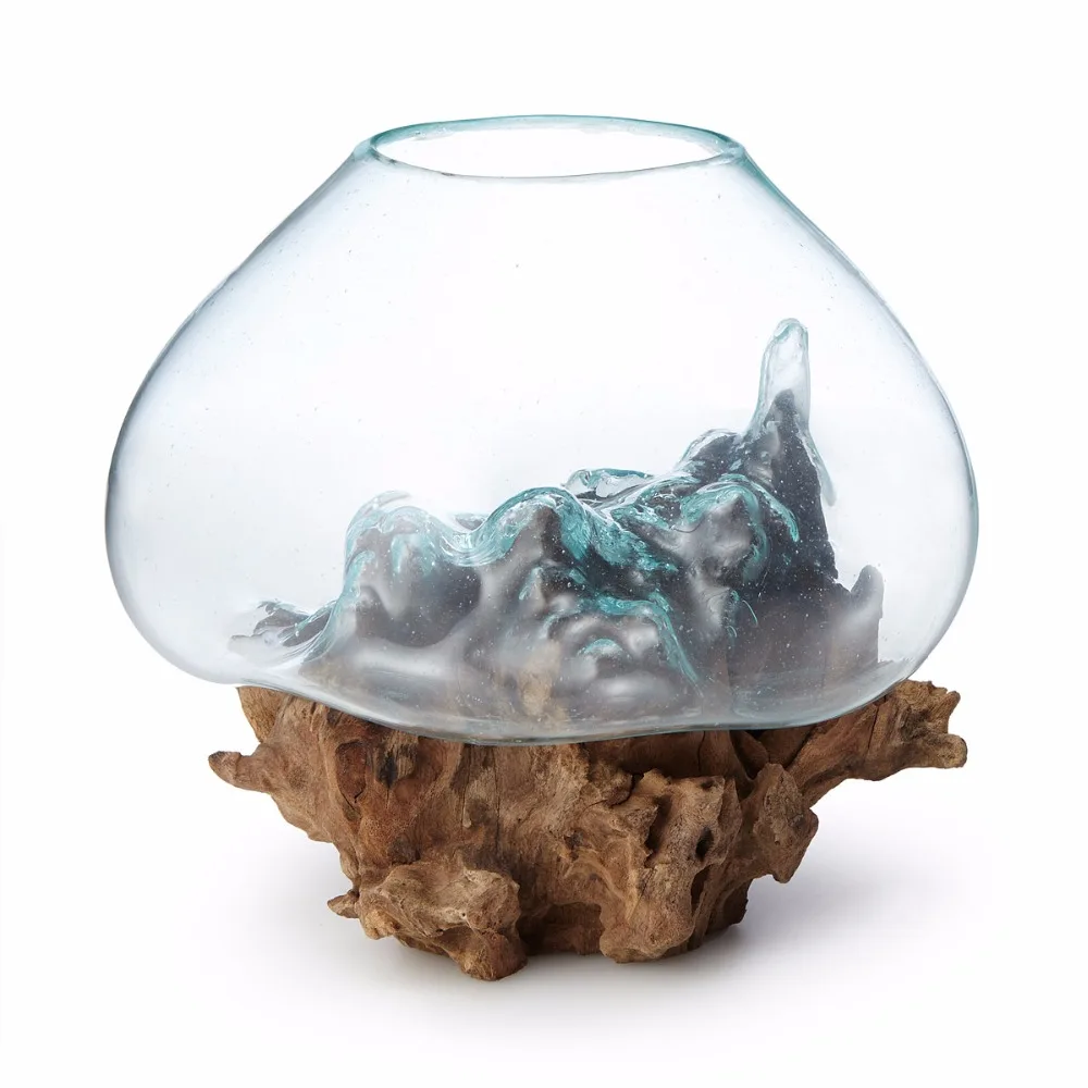 TEAK ROOT STAND WITH GLASS BOWL
