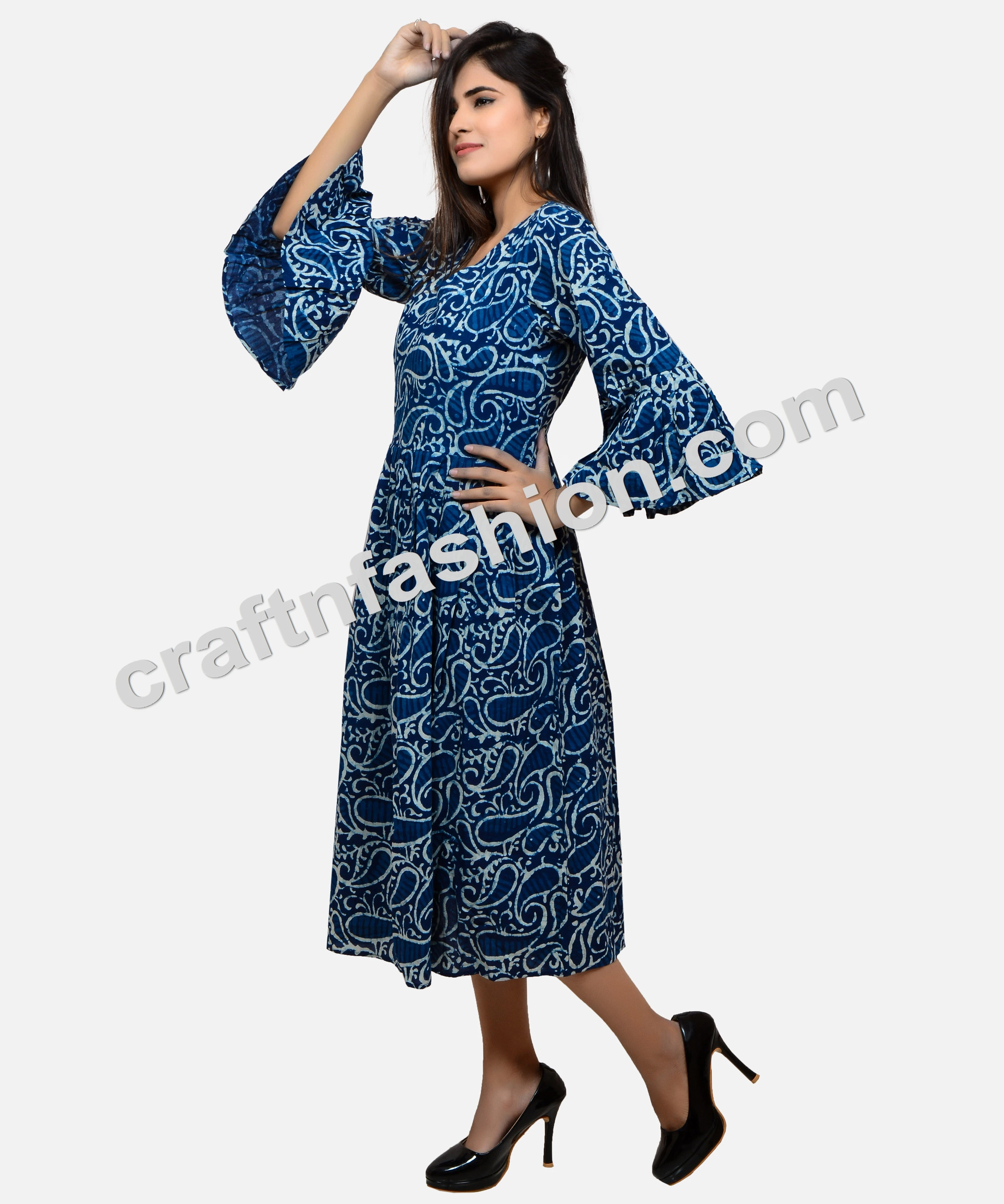 Bohemian Style Umbrella Sleeve Indigo Dress - Indian Cotton Hand Block Print Kurti  - Summer Fashion Wear Cotton Indigo Dress
