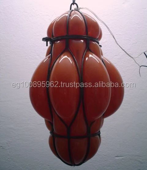 B58 Egyptian Hand Blown Orange Glass Wrought Iron Hanging Lamp