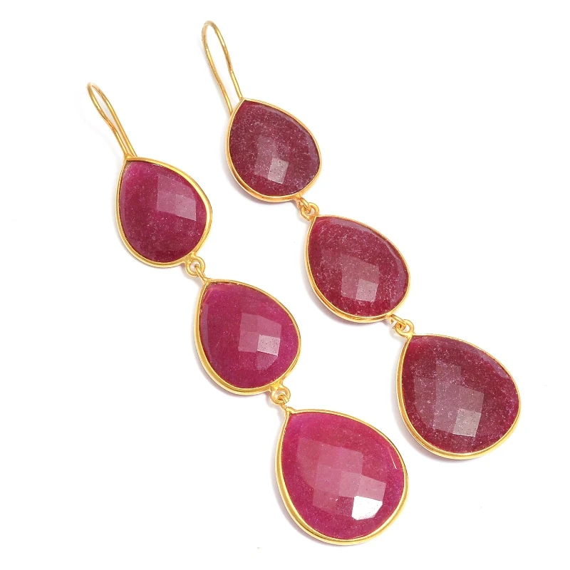 Dyed Ruby Pear Bezel Set 3 Stone Earring