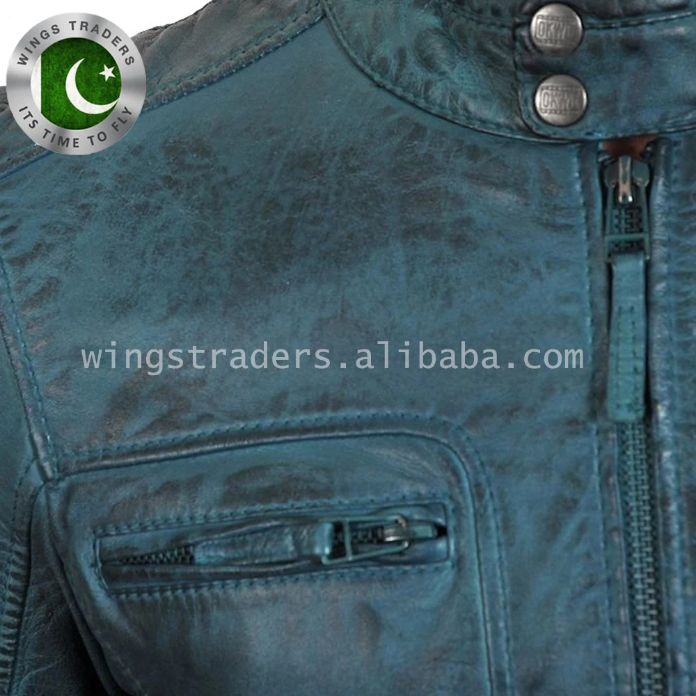 Mens European Style Waxed Leather Fashion Jacket / European style blue tight eco mens leather autumn jacket
