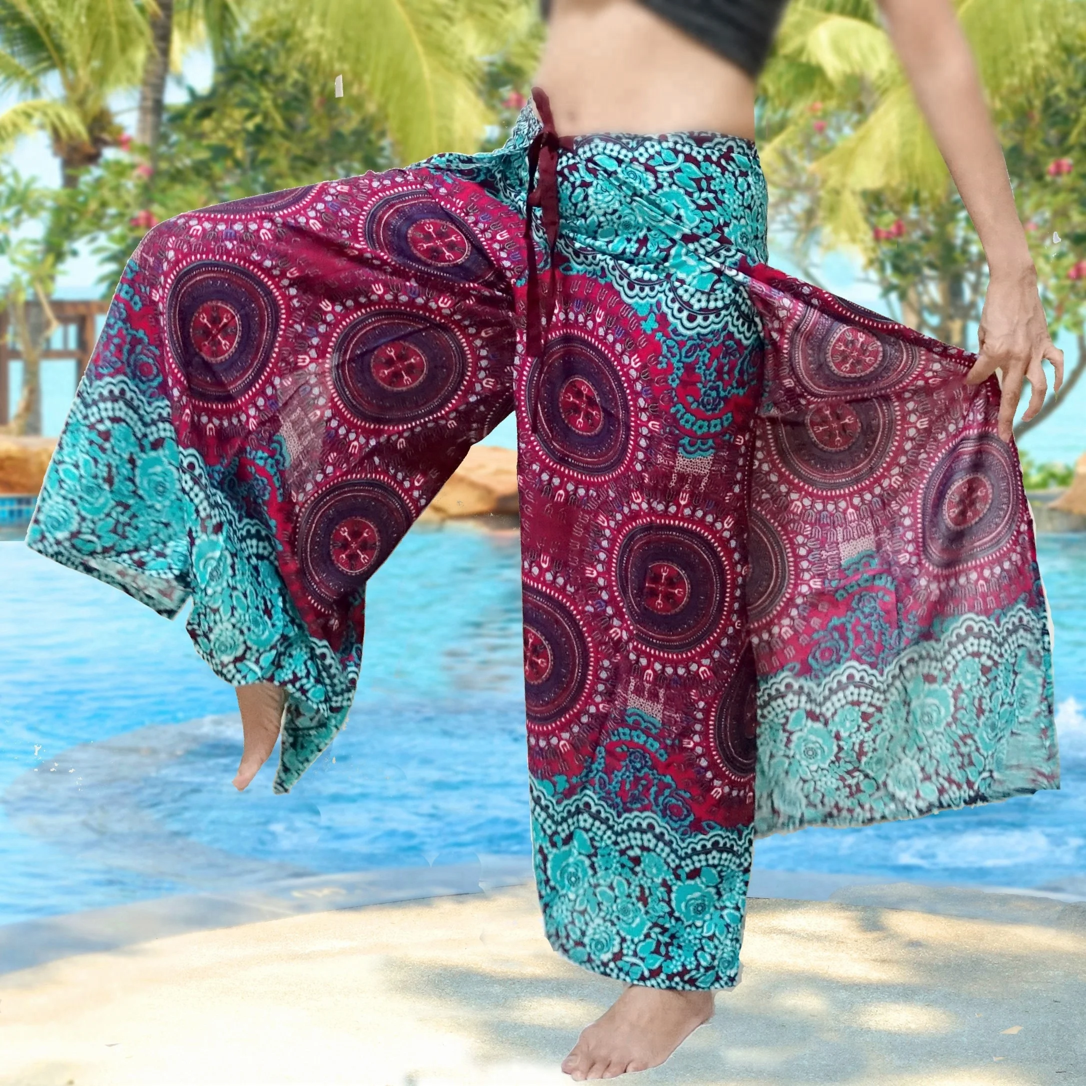 Mandala Dashiki Print BOHO Harem Wide Legs Pants Gypsy Yoga Belly Dance Art Fisherman skirt Maxi Sarong Wrap tie pants