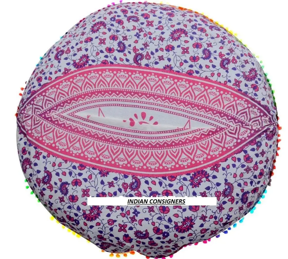 Home Decor Floor Cushion Cover Cotton Mandala Flower Round Shape Peacock Mandala Multiple Color