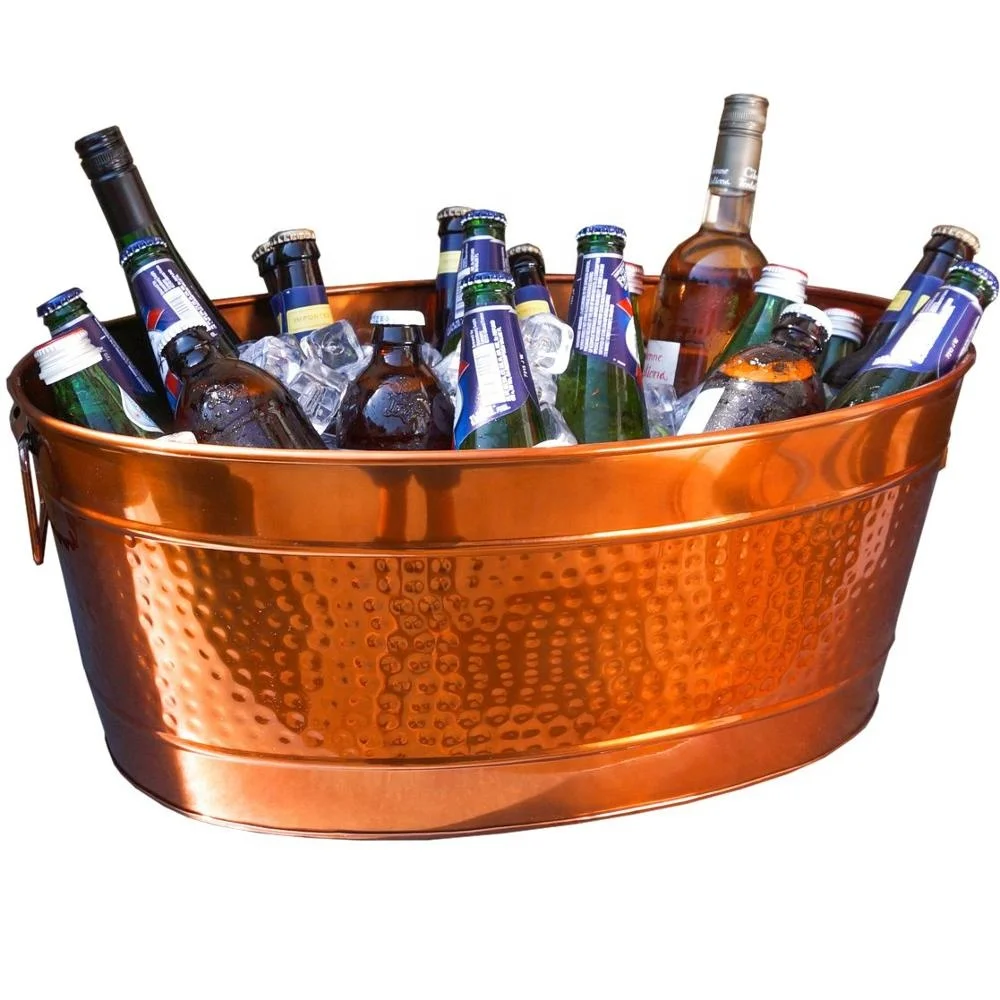 Stainless Steel Rose Copper Oval Hammered Large Party Beverage Tub Metal Ice Bucket