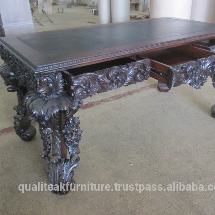 Antique Heavy Carved Writing Desk with 3 Drawers