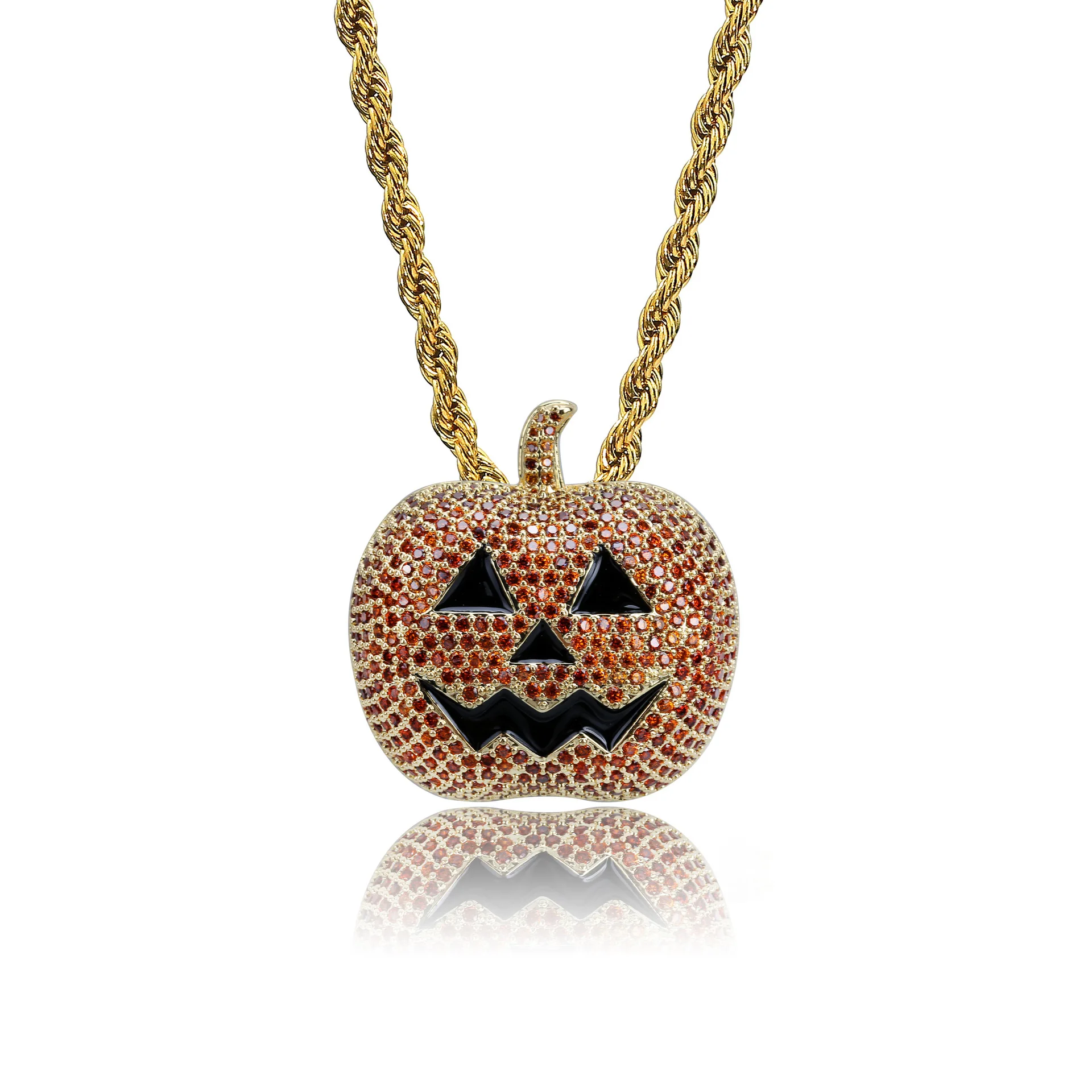 Halloween Hiphop Micro Zircon Pumpkin Lantern Pendant Necklace Jewelry