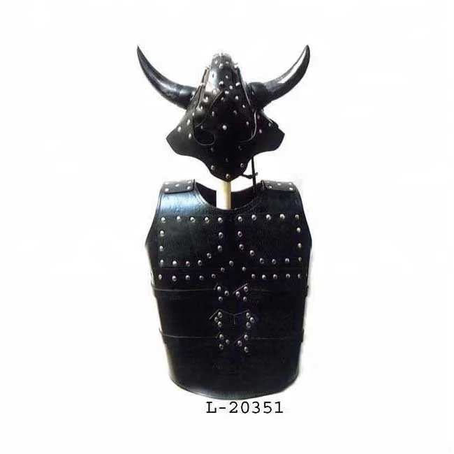 Medieval Leather Armor Jacket Set with Viking Horned Helmet