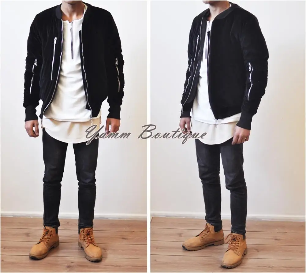 
VELVET Custom Vanta Black Hunter Fog Front and Sleeve Zipper Quilted Bomber Jacket / Flight Jacket /Stich Lines on the Side 