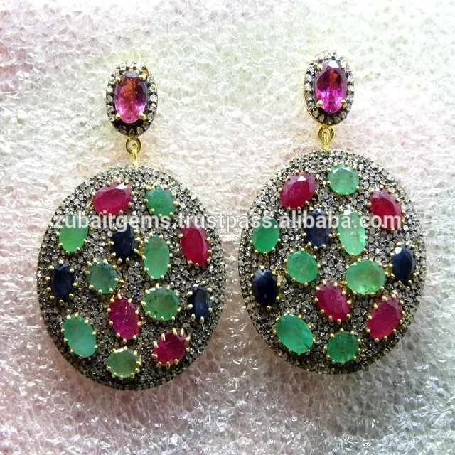 Natural Blue Sapphire & Diamonds Emerald 925 Sterling Silver Earring