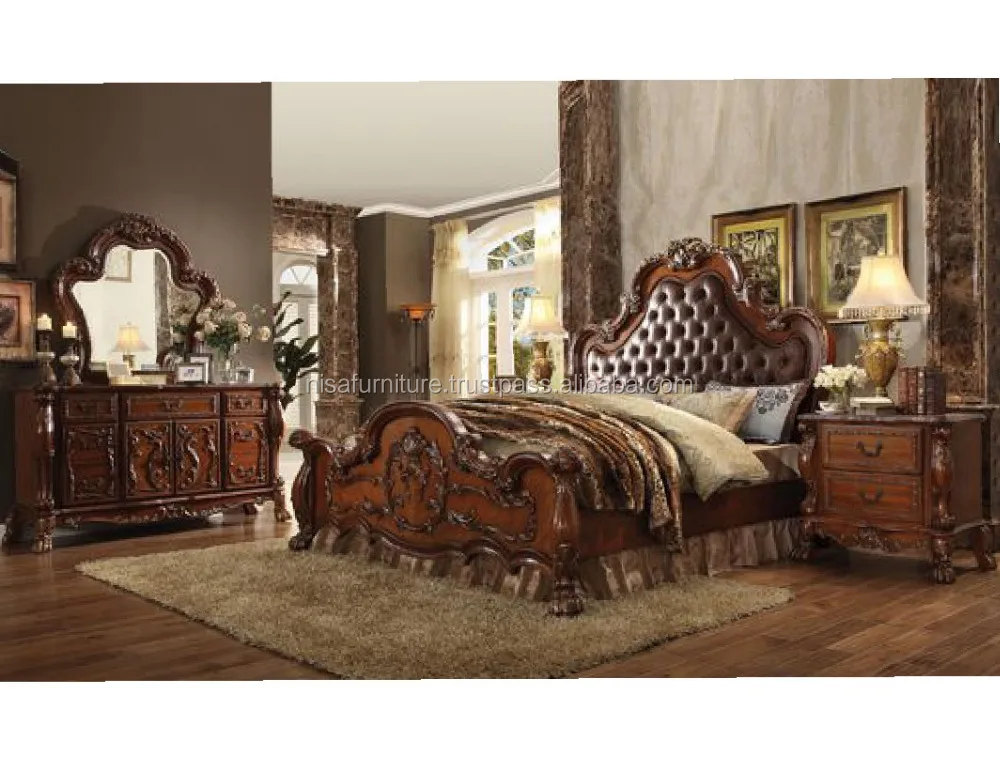Luxury Solid Wood Bedroom Furniture Set Hand Carved French & Italian Style round Bed Mahogany Material