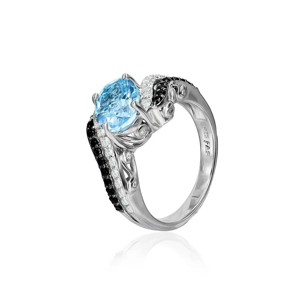 
925 Sterling Silver Oval Sky Blue Topaz and Black Spinel Bypass Ring 