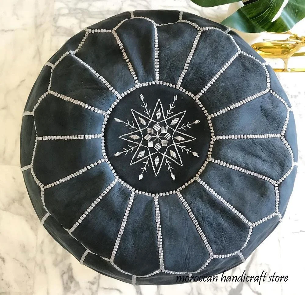 French vintage round leather ottoman pouf Moroccan poufs