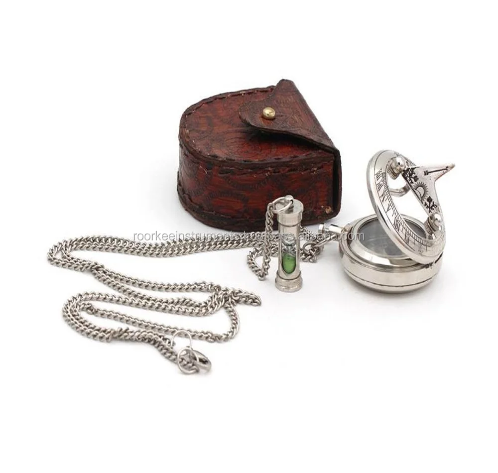 Nautical Maritime Brass Vintage Push Button Sundial Compass Mini Sand timer with Leather Case Unique Gift Sun Clock Necklace