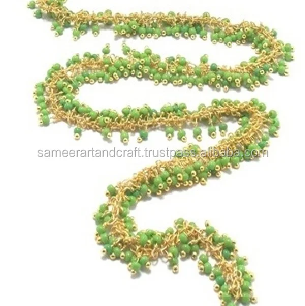 Green Chalcedony Wire Wrapped Gold Plated Natural Multi Gemstone Jewelry Bulk Cluster Rosary Coin Charm Chain