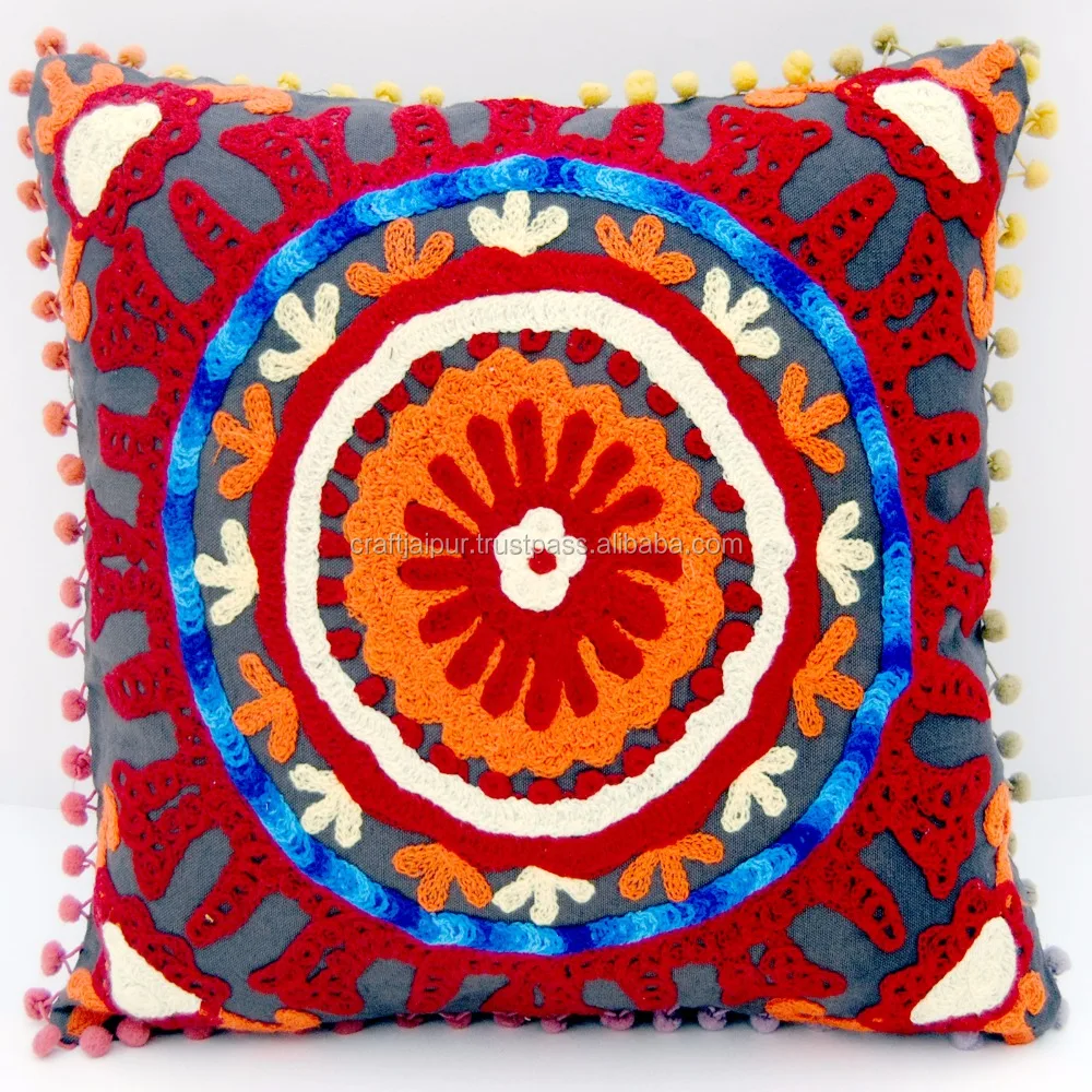 Beautiful Indian Suzani Embroidery Cotton Cushion Cover Decorative Home For Sofa Gray Handmade Throw Pillow Cases Wholesale