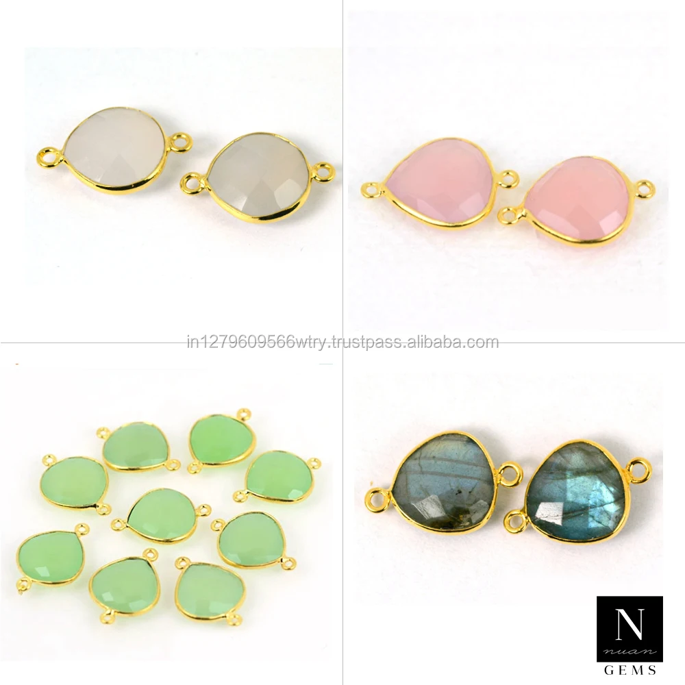 Bezel gemstone connector 14mm heart shape 24k gold plated double bail link supply