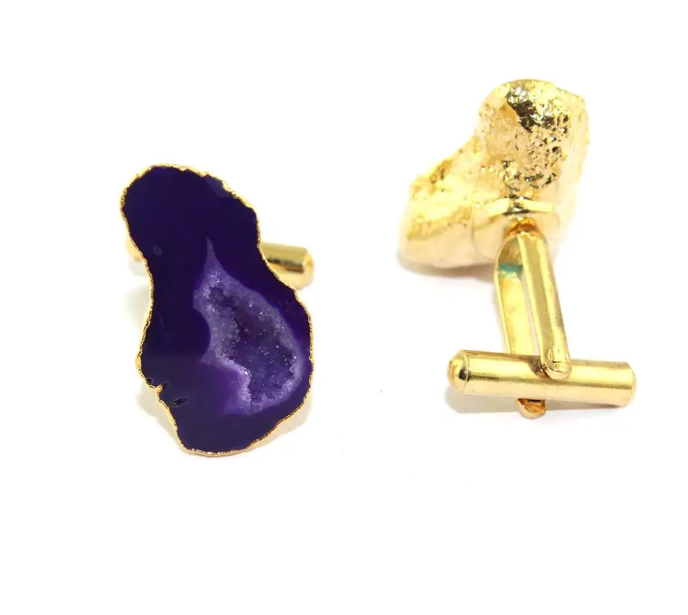Luxury jewelry collection natural purple geode druzy gold plated cufflinks handmade gemstone cufflinks for groom unisex cufflink