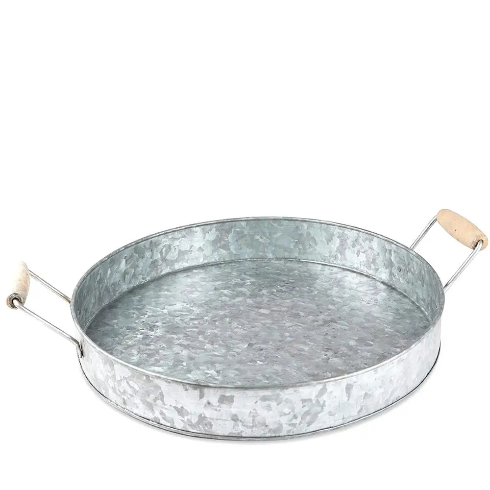 
Serving Tray Galvanized Round Party with Wooden Handle 