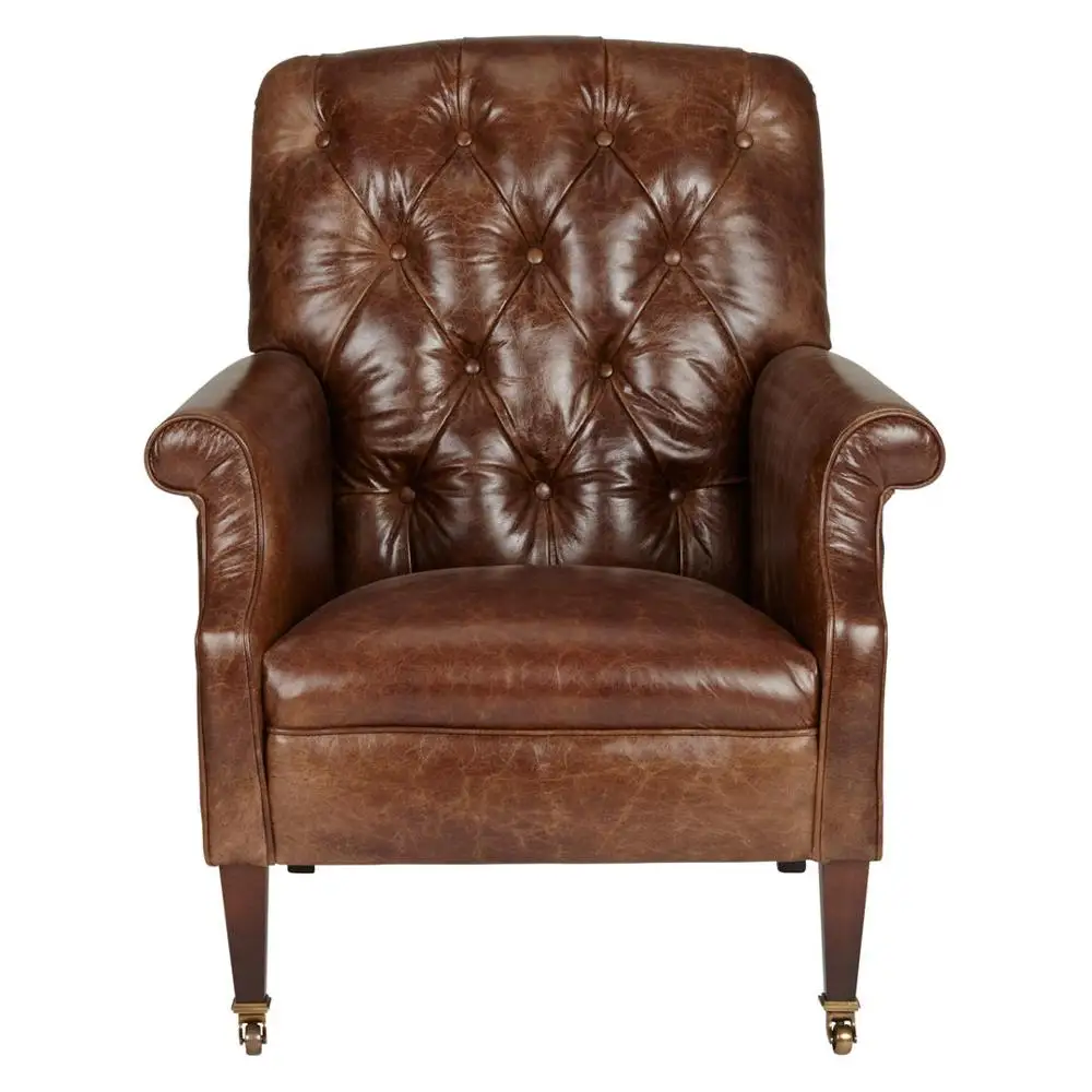 Tweed Flynn Leather Armchair/Leather chair brass wheels