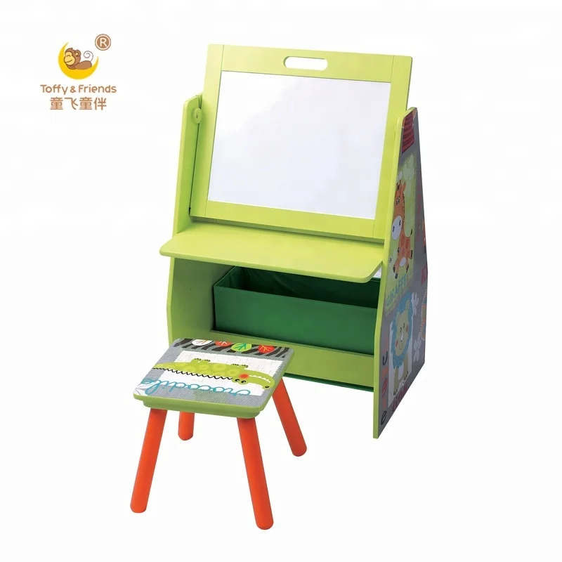 Toffy & Friends Kids Wooden Functional 3 in 1 Drawing Table Stool Set with Bookshelf