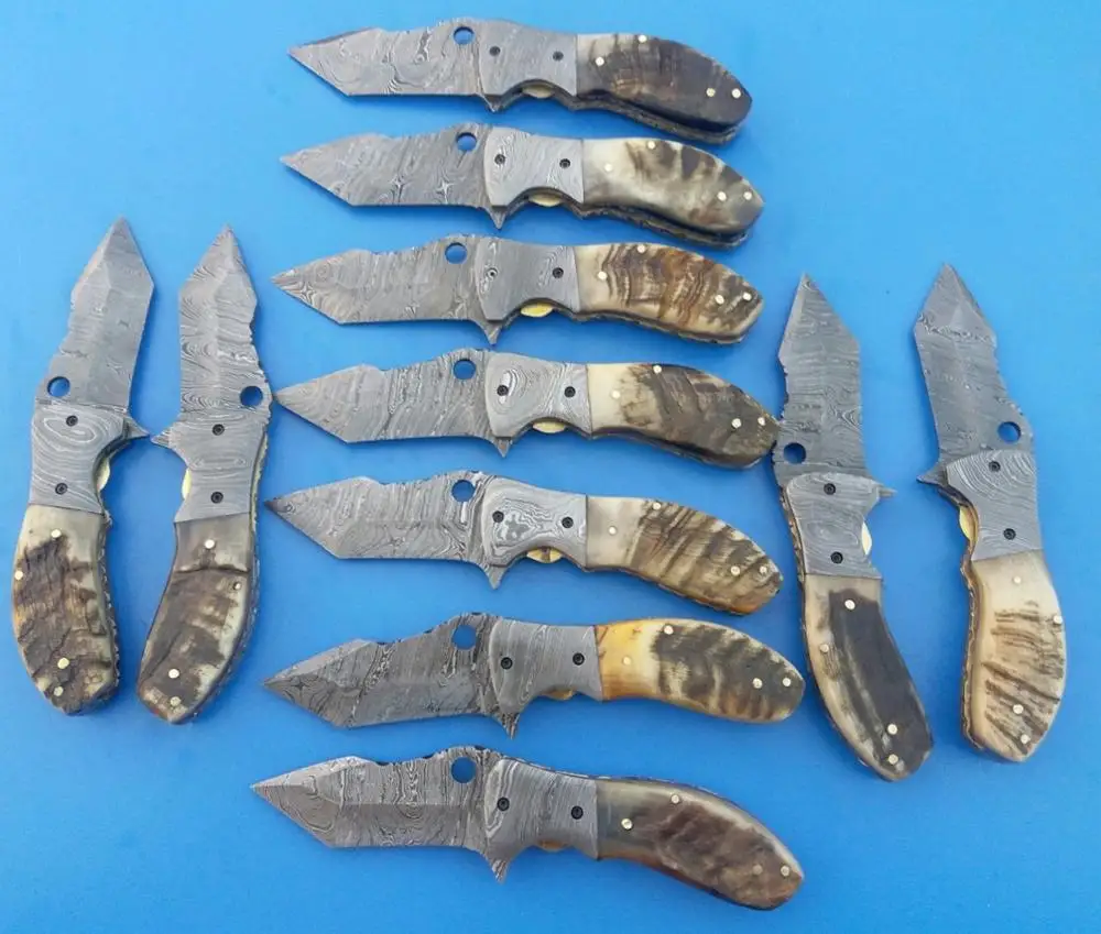 
 Много 11 штук на заказ ручной работы Дамасская сталь складные ножи с кожаной оболочки/ОЗУ рог ручки 11444  