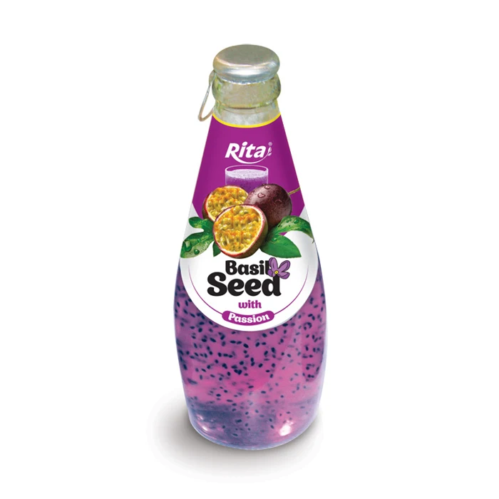 
290ml Glass Bottle Basil Seed Drink with Natural Passion Fruit Juice 