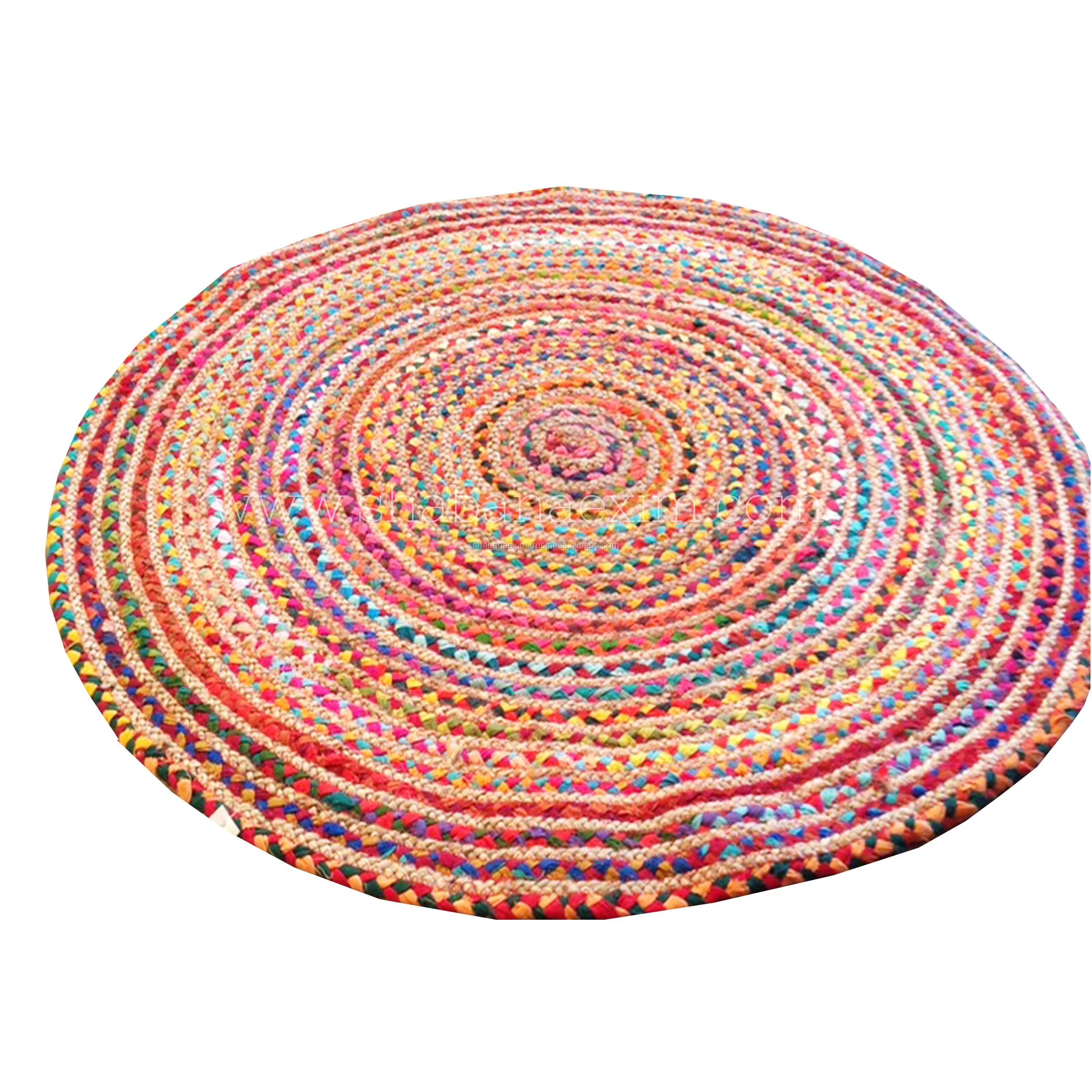Jute Cotton Braided Floor Mat Multi Colored Handmade Jute Rug Boho Round