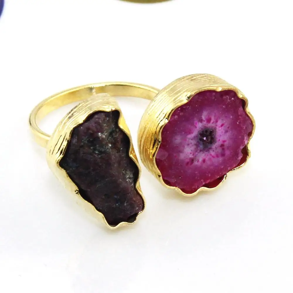 Fashion wedding natural solar quartz & ruby gemstone ring 24k gold plated texture finish collet setting open ring gift for women
