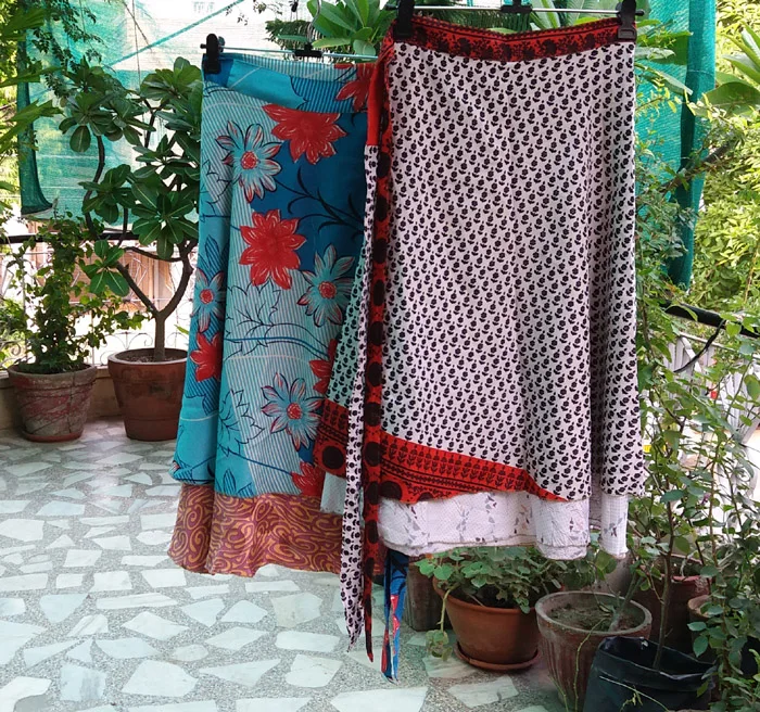 Indian Vintage Silk Double Layer Reversible Sarong Sari Magic Wrap Skirt