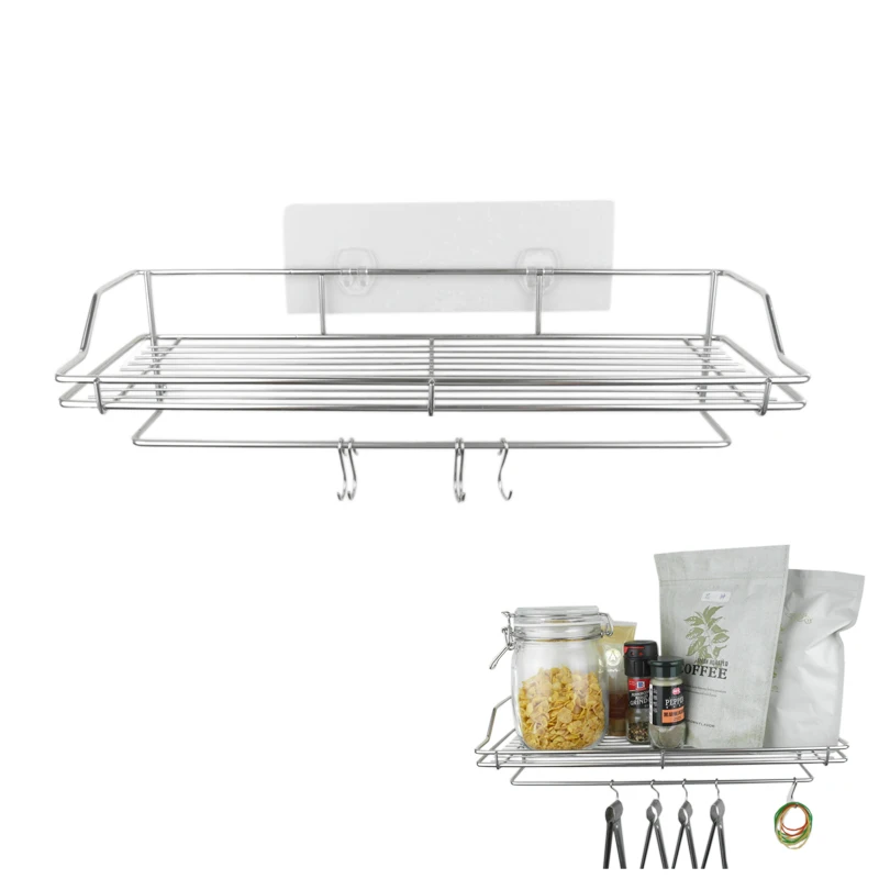Kitchen accessories stainless steel storage Holders & Racks shelf metal storage basket with small hooks