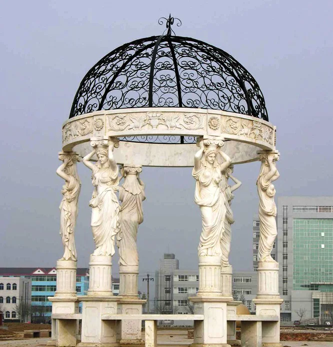 Victorian round marble gazebo with metal roof and columns for sale