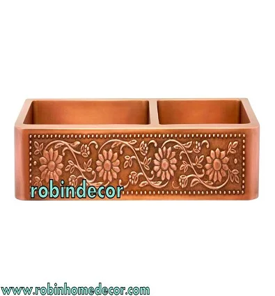 LUXURY HANDICRAFT 16 GAUGE DOUBLE BOWL COPPER KITCHEN SINK FRONT EMBOSS DESIGN