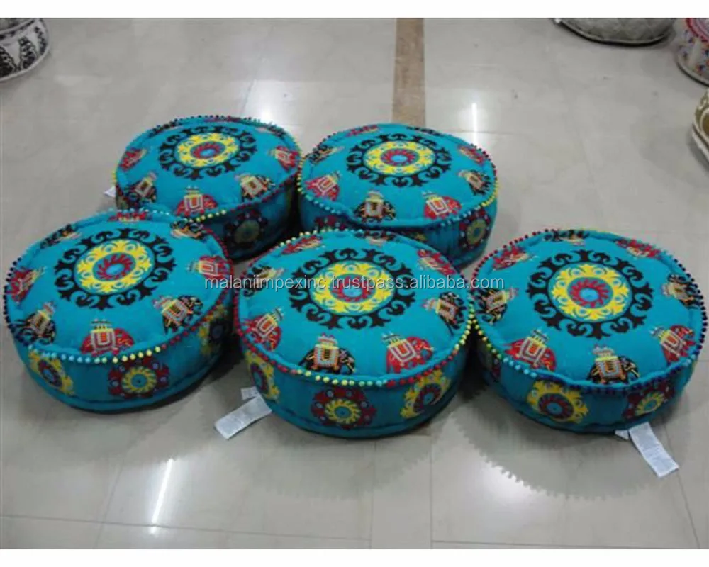 Ready Stock LOW MOQ Bohemian Embroidered Indian Ottoman Poufs Round 60X20cm Cheap Floor Poufs Pouffes AND Round Ottomans