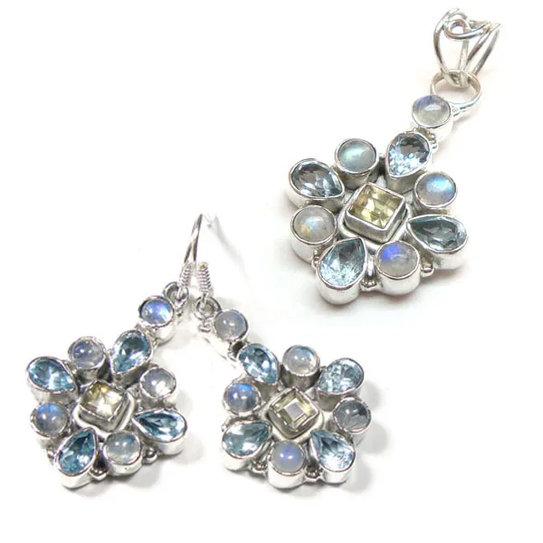 Best selling 925 sterling silver jewelry sets pendant earrings blue topaz rainbow moonstone wholesale Indian Jaipur jewelry