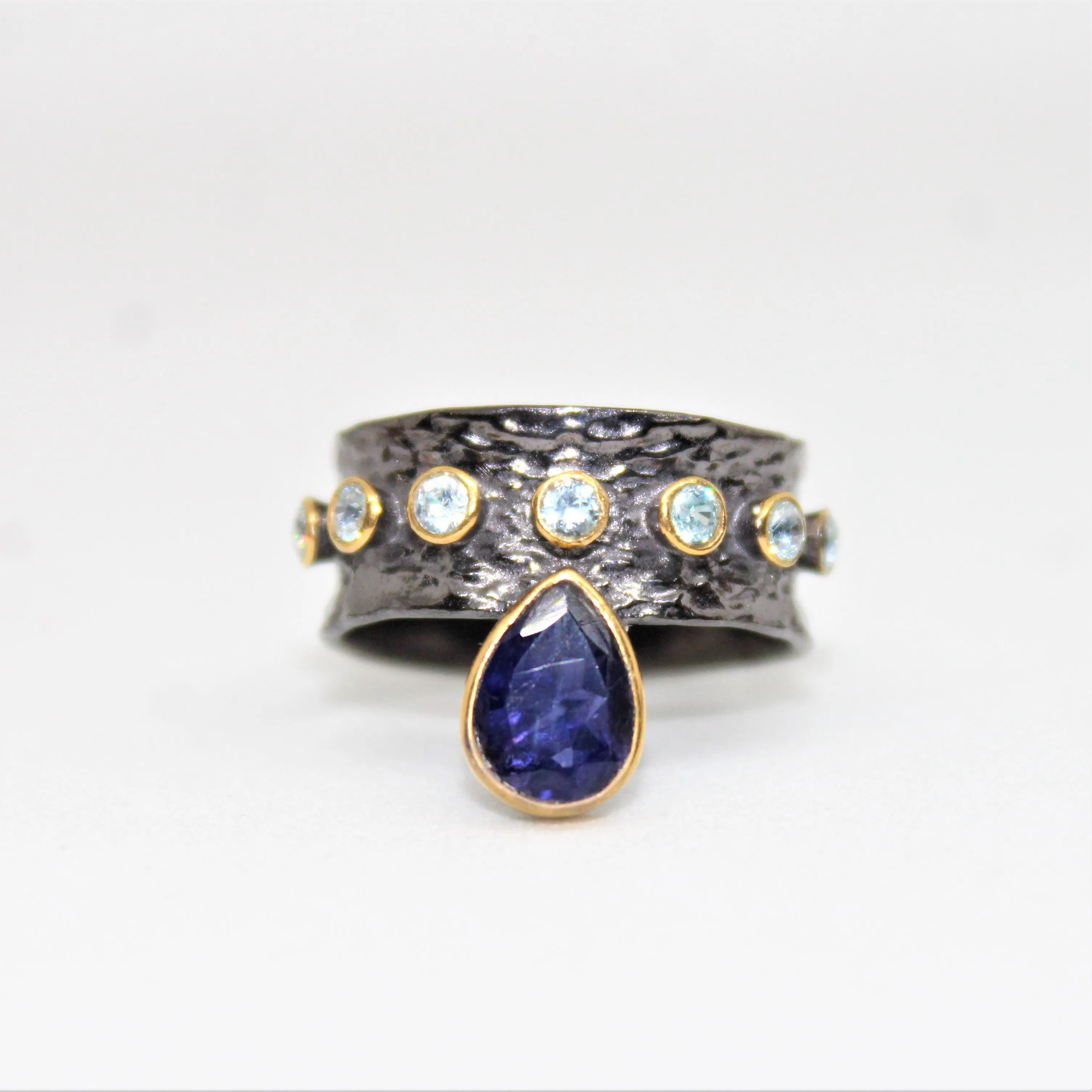 Designer Multi Stone Iolite and Blue Topaz Gold Plated 925 Sterling Silver Black Rhodium Ring
