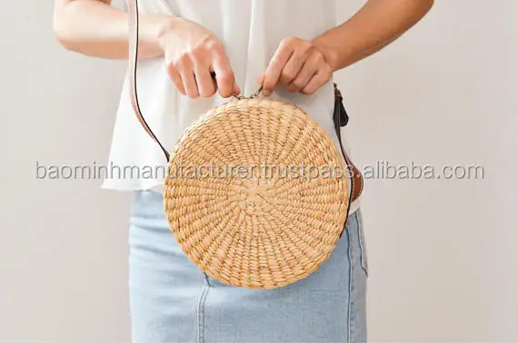 Straw bag Thai Weaving water hyacinth cross body bag handmade with brown faux leather