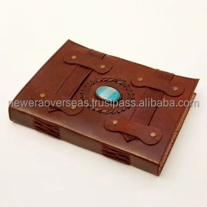 Vintage Double Belt genuine leather hand made Leather Journal with cotton paper With Stone for gifting him or her