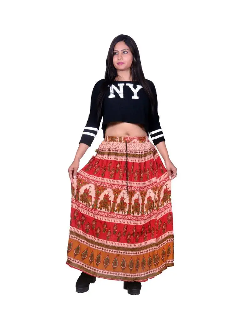 Fashionable long rayon crepe wrinkled skirt hand block printed skirt for women