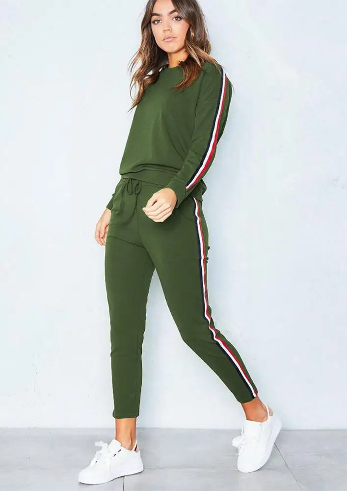 Women Fleece Tracksuit Custom Logo Long Sleeve Striped Fleece Sport Women Tracksuit