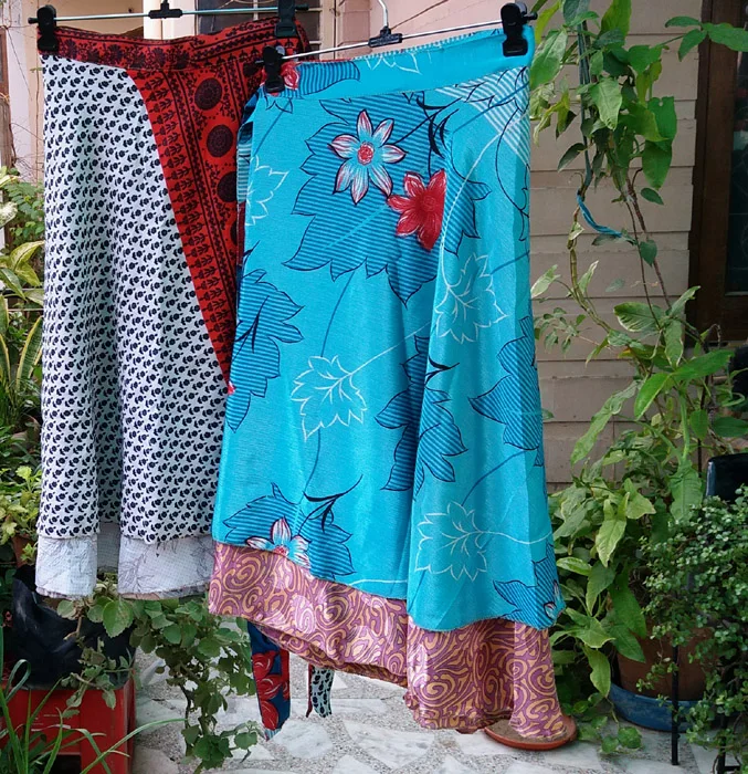 Indian Vintage Silk Double Layer Reversible Sarong Sari Magic Wrap Skirt