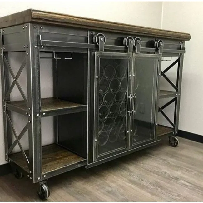 
Industrial & vintage rusty grey black iron sliding 2 door & shelves living room cabinet 