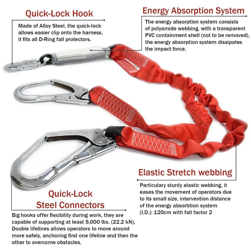 Fall Arrest Safety Harness Shock Absorbing  Lanyard