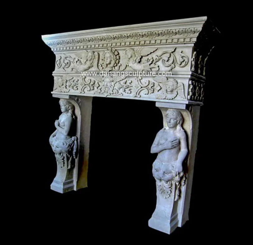 Antique Greek Angel Statue Hand Carved Marble Fireplace Surround Luxury Indoor Insert for Granite and Stone Material