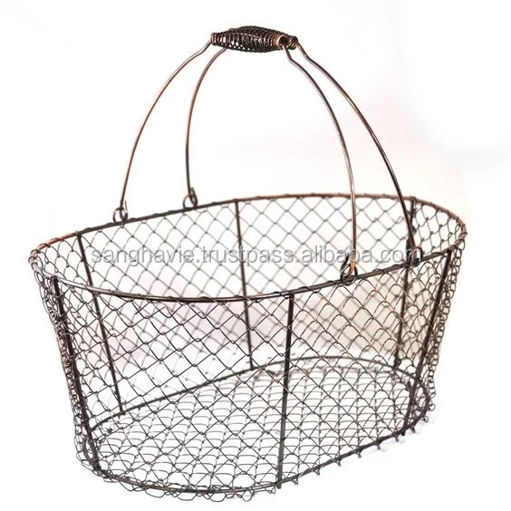 Wire Basket Kitchen Decorative Wood Handle Metal Wire Black Color Oval Shape Storage Basket Styles Design Iron Fruit Basket