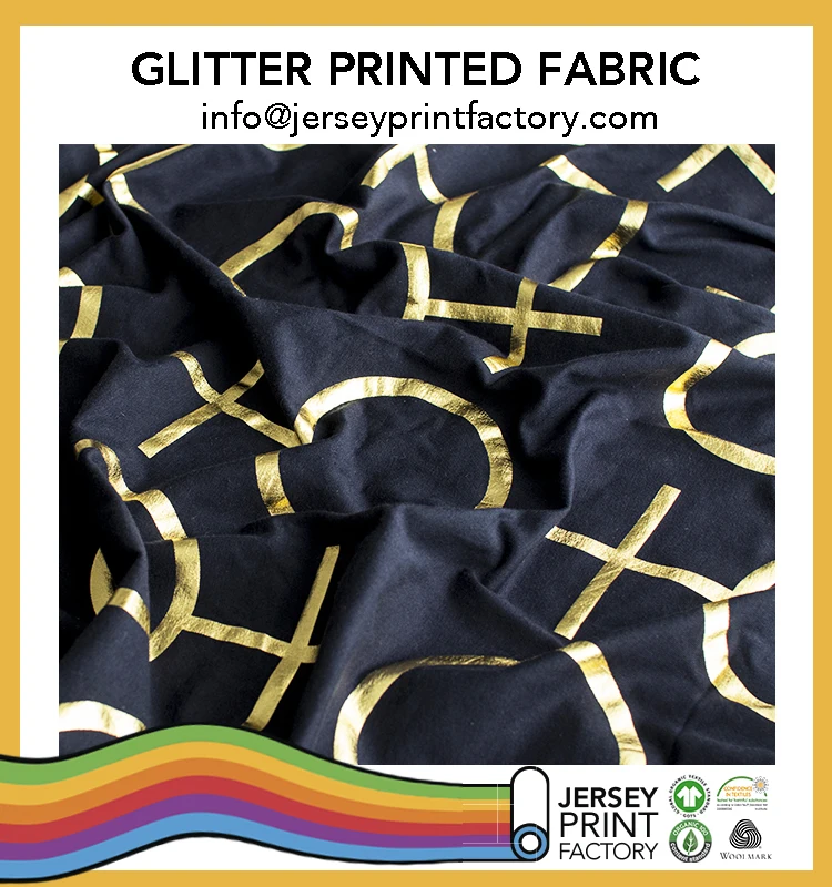 
Custom Private label Gold silver foil glitter printed stretch jersey french terry fabric manufacturer in Turkey Oeko-tex 