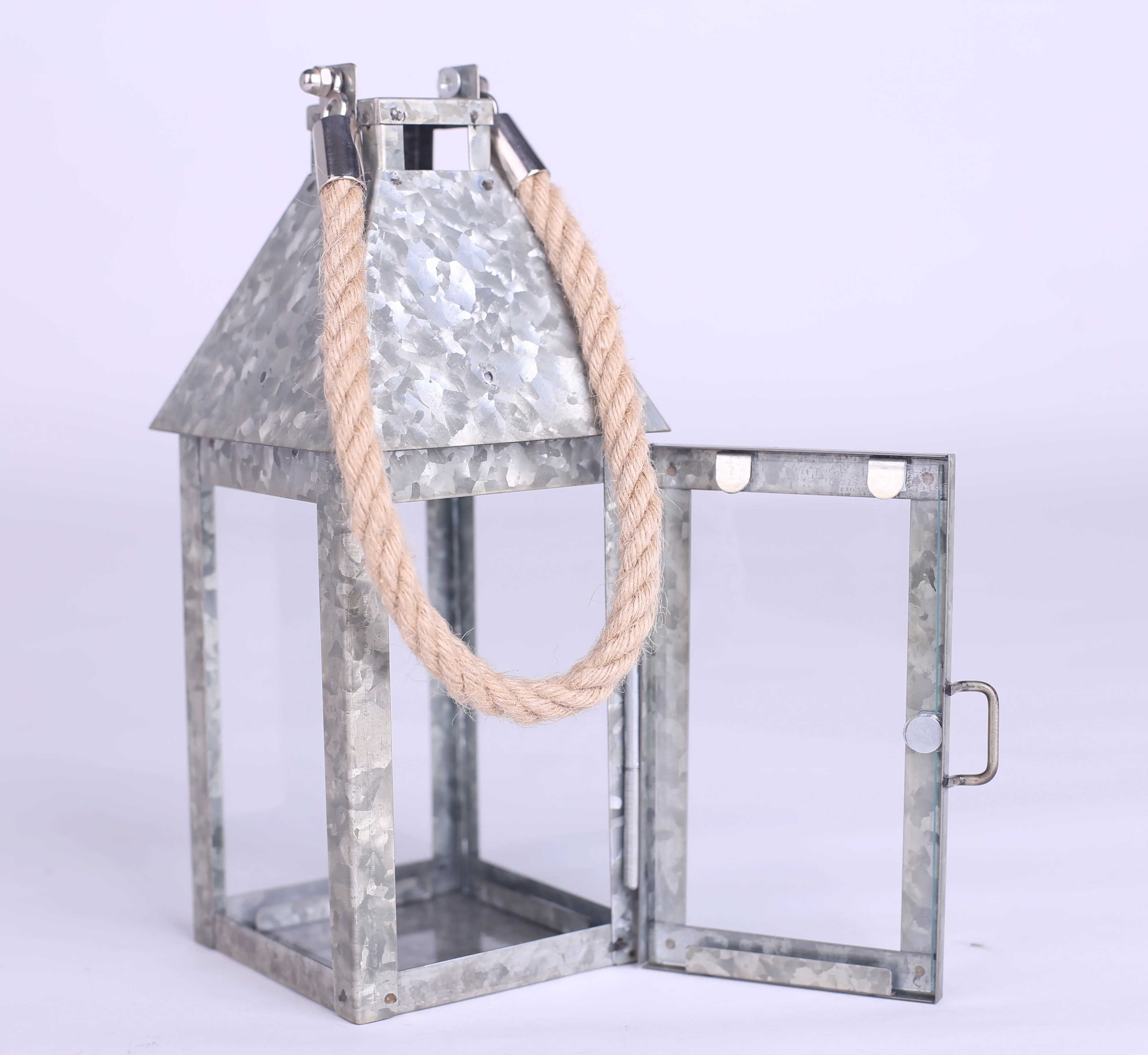 Metal Lantern, Rope Handle (Galvanized, Sitting, Hanging, Use with Candle)