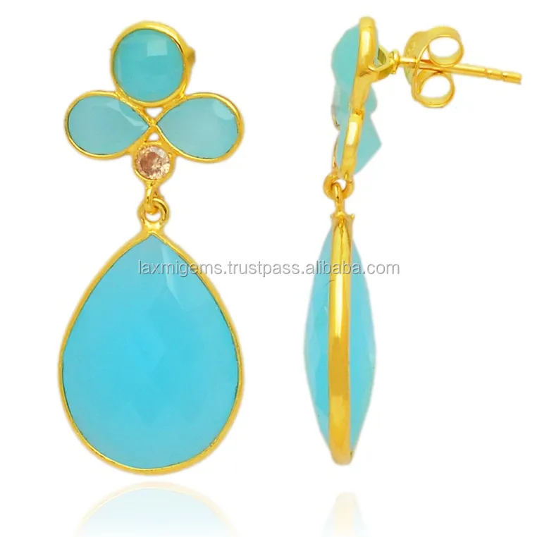 Wholesale Silver Jewelry Sitapura Jaipur Blue Chalcedony Gemstone 925 Sterling Silver Earrings