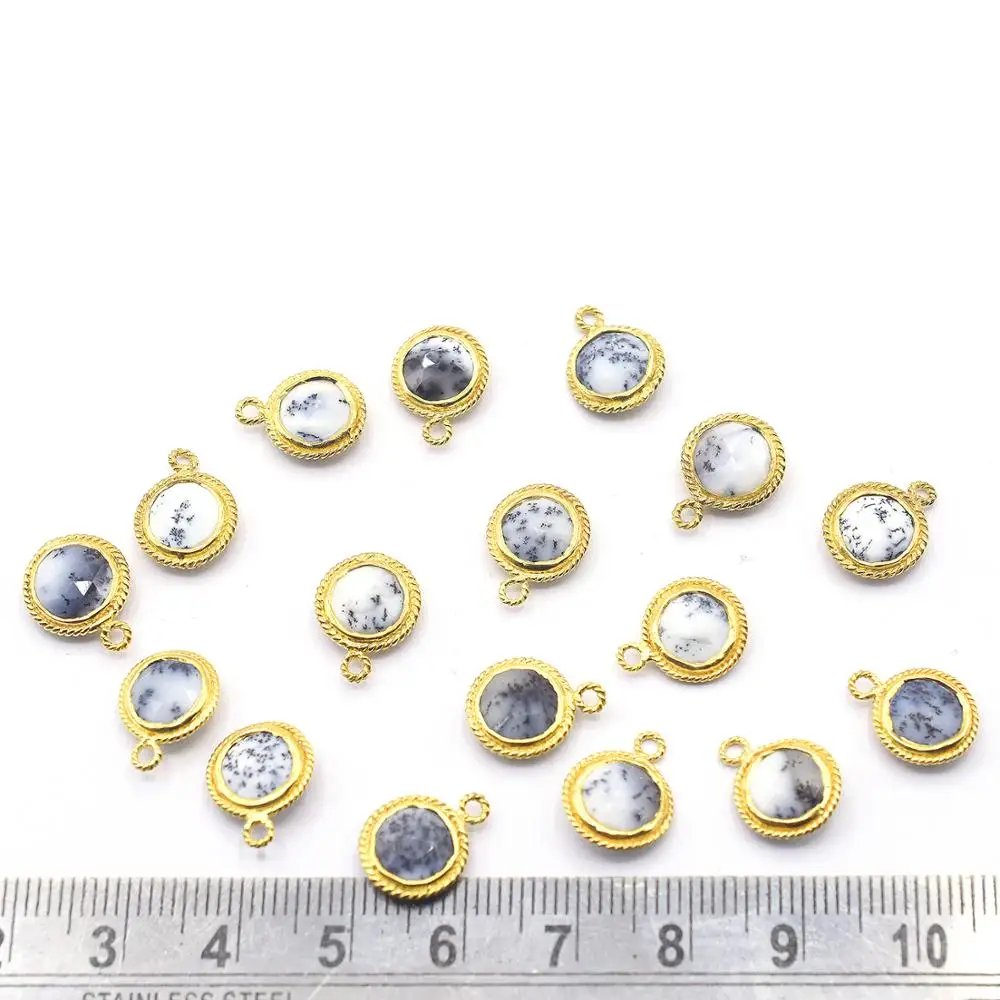 Dendritic Opal Round Shape 925 Sterling Silver Bezel Gold Plated Pendant Handmade Jewelry Making