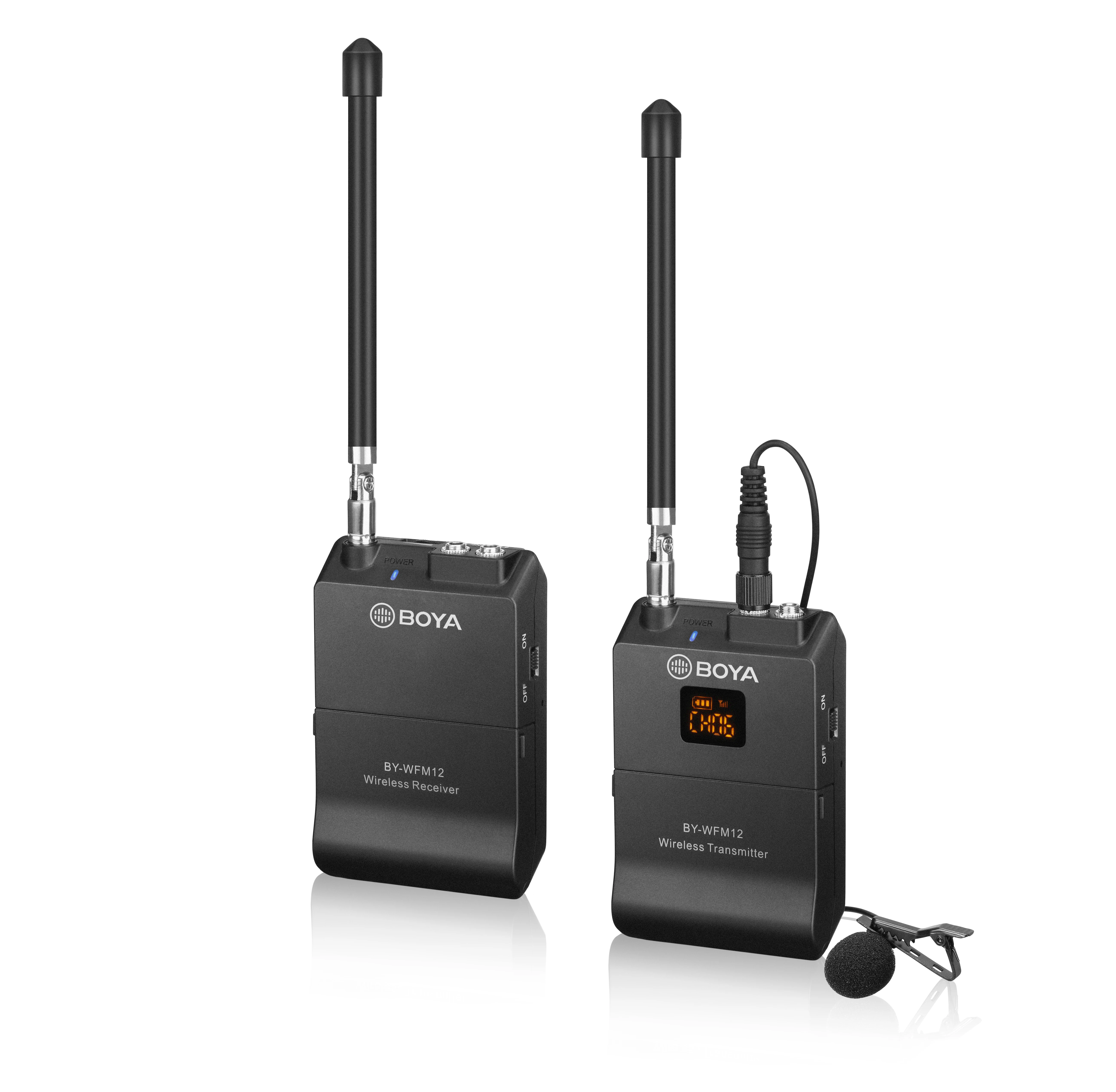BY-WFM12( VHF Wireless Microphone) For smartphone, DSLRs, with 12 selectable operating channels, real-time monitoring.