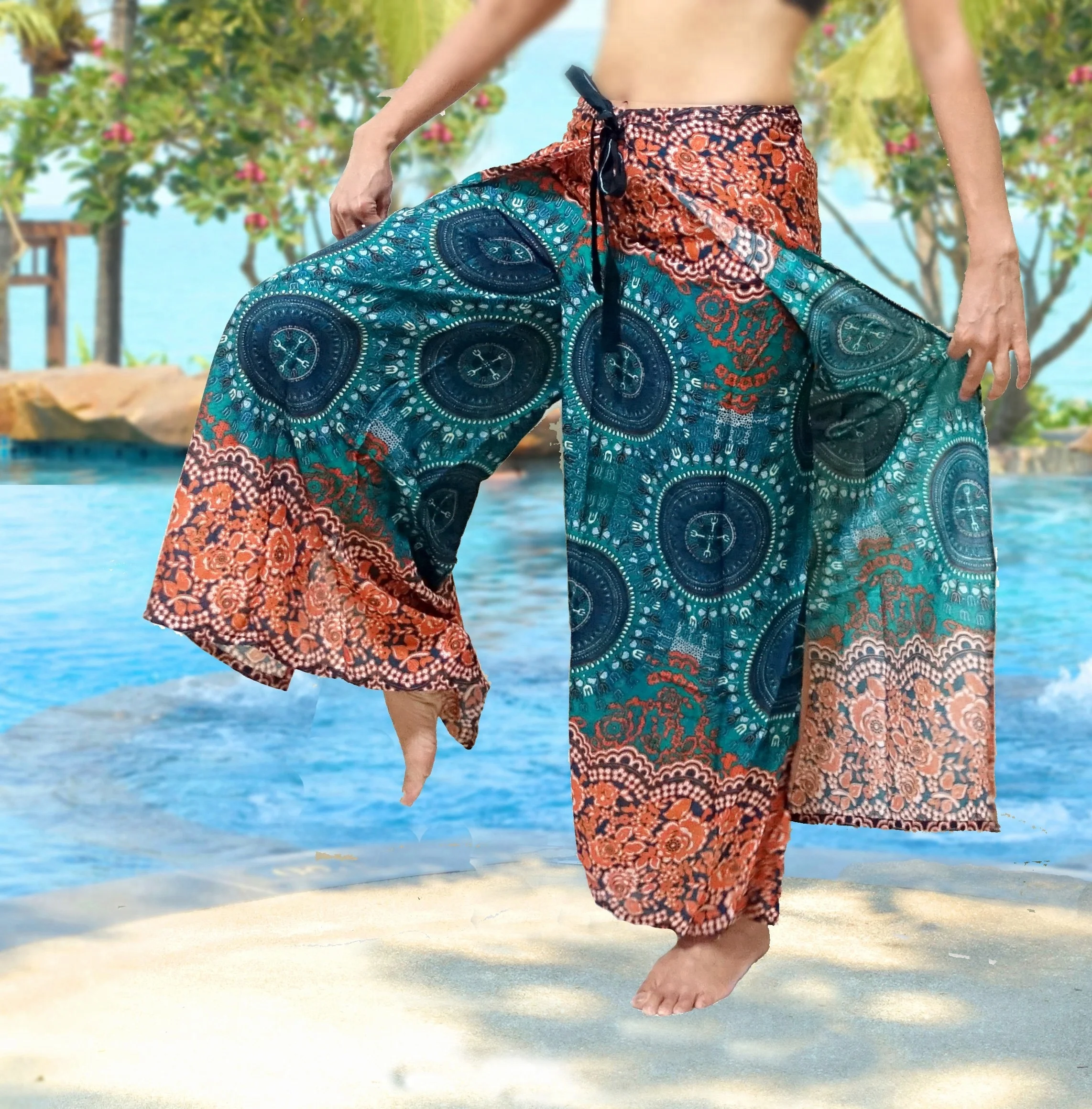 Mandala Dashiki Print BOHO Harem Wide Legs Pants Gypsy Yoga Belly Dance Art Fisherman skirt Maxi Sarong Wrap tie pants